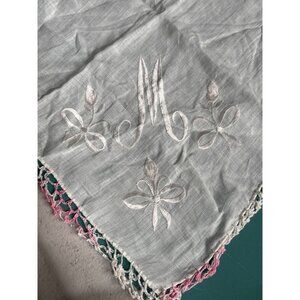 VTG Victorian Edwardian Cotton Handkerchief White Crocheted Pink Edges Embroider